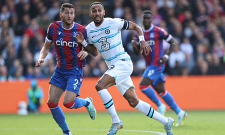 Joel Ward of Crystal Palace and Pierre-Emerick Aubameyang of Chelsea during the Premier League match between Crystal Palace and Chelsea at Selhurst Park on 1 October 2022