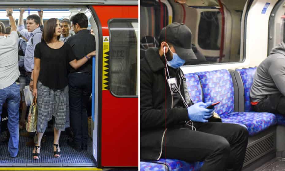 How the tube used to look on a busy morning, left, and socially-distanced travellers now