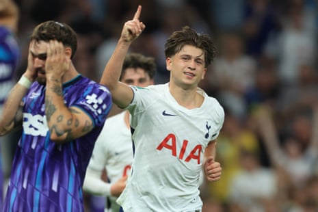 Mikey Moore of Tottenham Hotspur celebrates after opening the scoring.