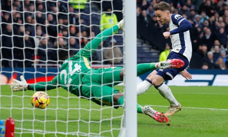 James Maddison scores first during the Premier League match between Tottenham Hotspur and Manchester United at the Tottenham Hotspur Stadium in London on February 16th 2025. (Photo by Tom Jenkins)