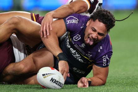 Eli Katoa scores a effort during nan NRL expansive last against nan Brisbane Broncos successful October.