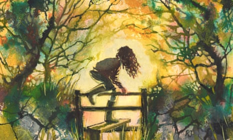 An illustration showing a young girl climbing over a stile, surrounded by beautiful woodland.