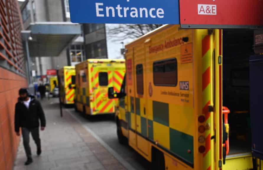 Ambulances queuing up outside the Royal London hospital in London today, as the NHS remains under considerable pressure because of Omicron.