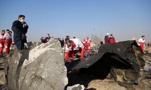 Officials inspect pieces of the plane at site after a Boeing 737 plane belonging to a Ukrainian International Airlines crashed near Imam Khomeini Airport in Iran just after takeoff with 180 passengers on board in Tehran, Iran on January 08, 2020.