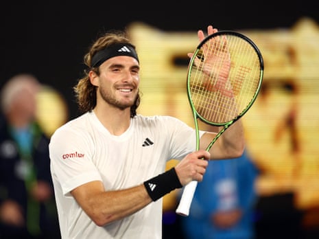 Stefanos Tsitsipas celebrates winning his second round match against Rinky Hijikata.