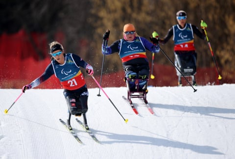 USA’s Oksana Masters leads the way during the women’s 10km Para cross-country skiing sitting.