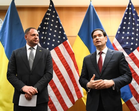US state secretary Marco Rubio (R) and Andriy Yermak, head of the Ukrainian Presidential Office, meet the press at the United States Mission to the United Nations and Other International Organizations in Geneva, Switzerland.