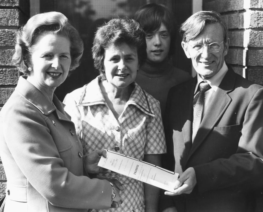 Margaret Thatcher, as leader of the opposition in 1978, handing the deeds of a council house over to its new owners in Balham, south London.