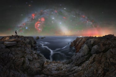 airglow, the winter arc of the Milky Way, Orion with Barnard’s Loop, the Pleiades, the Rosette and California nebulae, Andromeda, Jupiter, zodiacal light, and aurora borealis