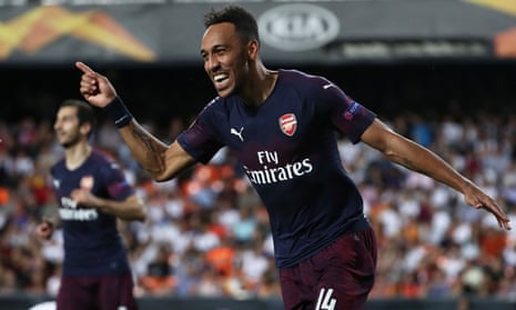 Arsenal’s Pierre-Emerick Aubameyang celebrates scoring their third goal.