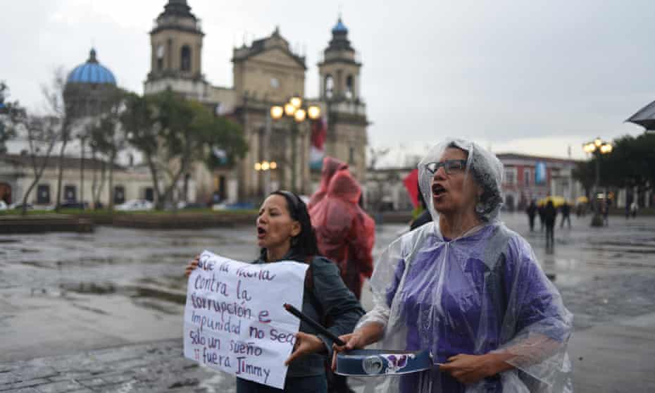 Protesters demonstrate in Guatemala City on Tuesday against President Jimmy Morales after he banned the chief of the UN’s anti-corruption commission from entering the country.