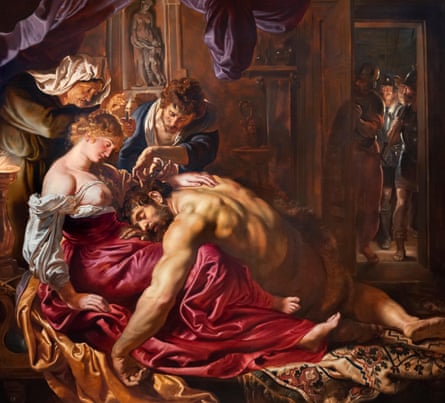 Oil painting of Samson collapsed on Delilah’s lap, with richly coloured drapery and other figures behind