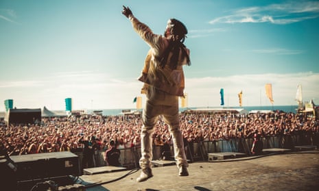 Performer on stage at Boardmasters Festival, Newquay, Cornwall.