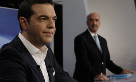 Syriza’s Alexis Tsipras, and Vangelis Meimarakis, leader of the centre-right New Democracy at a Greek state TV debate.