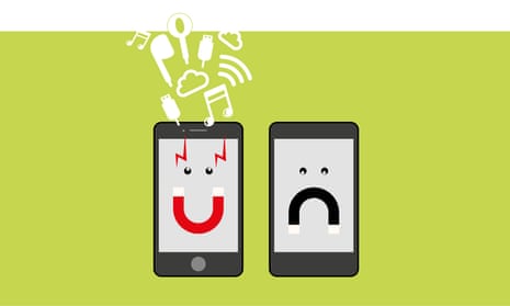 Illustration by Paul Tansley of a happy phone and a sad phone