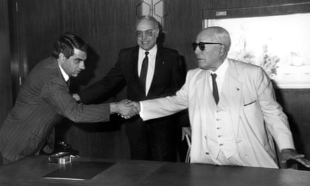 Former Tunisian president Habib Bourguiba, right, greets then prime minister Zine al-Abidine Ben Ali, left, in January 1986.