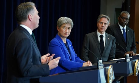 From right: the US defence secretary, Lloyd Austin, and the US secretary of state, Antony Blinken, welcomed their Australian counterparts, Richard Marles and Penny Wong, to the US state department on Wednesday.