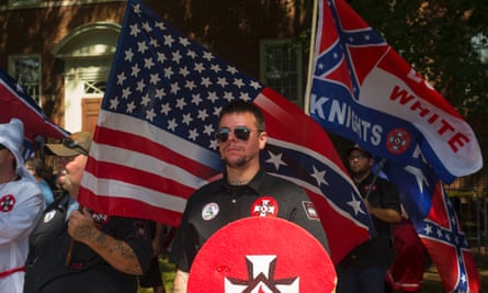 A KKK demonstrator at Emancipation Parkin Charlottesville on 8 July 2017.