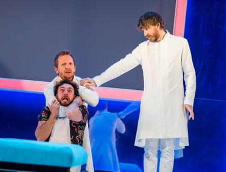 Sebastian Roché (left, above) as Orgon, George Blagden as Damis and Paul Anderson as Tartuffe at the Theatre Royal, Haymarket.