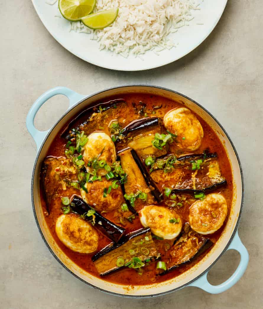 Yotam Ottolenghi’s aubergine and egg curry with spring onion and ginger oil