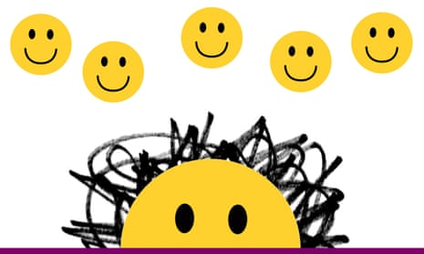 yellow smiley face with black scribbles for hair and five smiley faces floating above