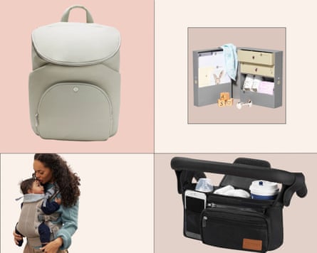 A backpack, keepsake box, baby carrier, and stroller organizer