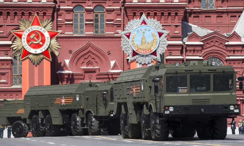 Iskander missile launchers driving during a parade in Moscow’s Red Square.