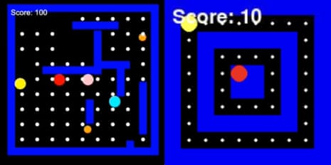 Two square boxes side by side, with black and blue colouring, small white dots and larger dots in other colours, in a clone of a Pac-Man game.