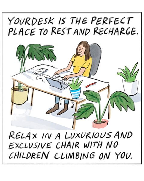 A series of cartoon images of someone enjoying quiet time at their work desk., panel 2