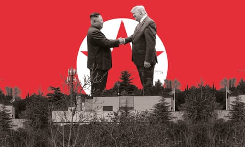 composite image: kim meeting trump, and north korea's madrid embassy building