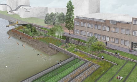 Terraces and buildings alongside a river.