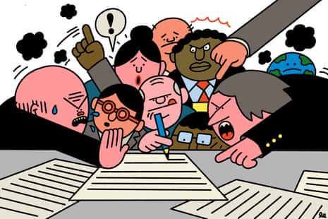 A cartoon of a group of people arguing and adding points to a piece of paper