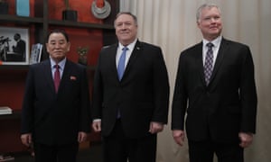 Secretary of State Mike Pompeo, center, Kim Yong Chol, a North Korean senior ruling party official and US Special Representative for North Korea, Stephen Biegun