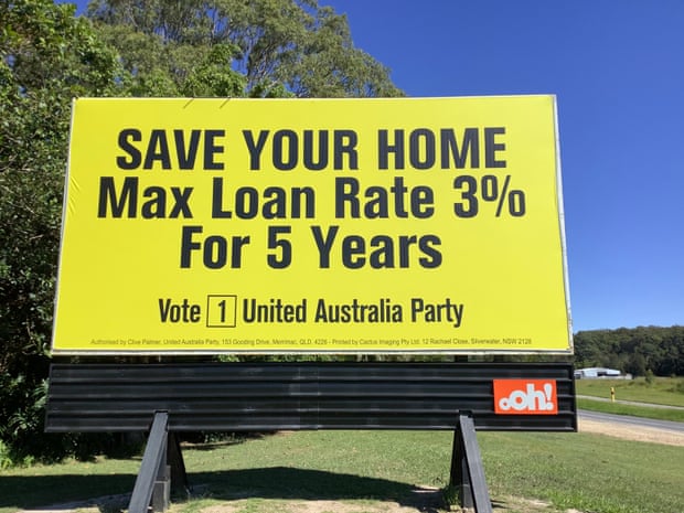 United Australia party signage in Cowper pledging to cap interest rates