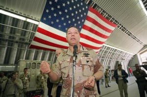 Powell addresses an F-117 stealth fighter wing in 1991 at a secret airbase in Saudi Arabia