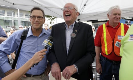 Bernie Sanders laughs at a question during an appearance in Seattle