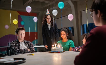 Fionn Laird, from left, Mary-Louise Parker, Simone Miller, Viggo Hanvelt and Arlen So at a birthday party with pastel balloons in The Institute