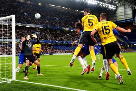 Tarik Muharemovic scores a header for Leeds against Chelsea in the Carabao Cup.