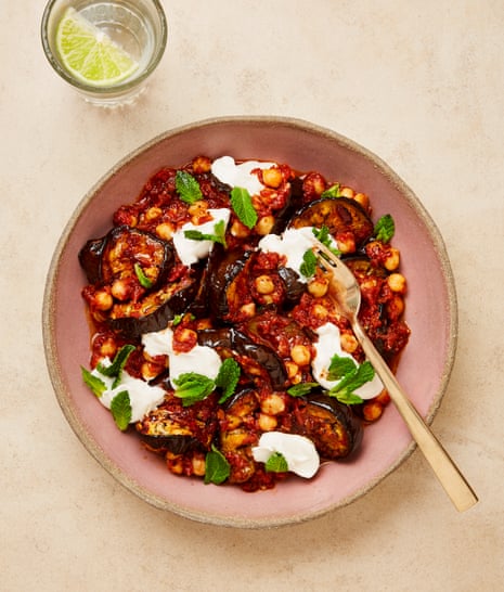 Meera Sodha's oven-baked aubergines, chickpeas and tomatoes.