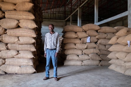 A man stands in a warehouse surrounded by high piles of hessian sacks containing coffee.