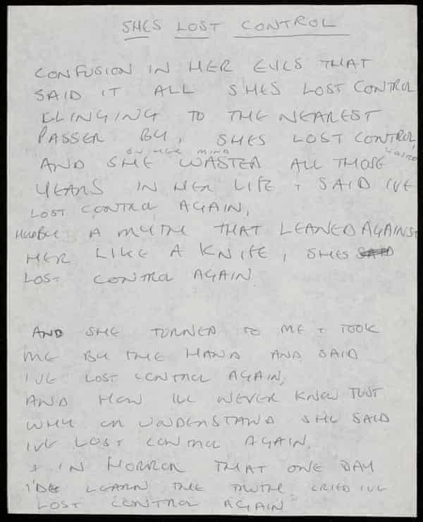 Ian Curtis’s nandwritten lyrics to She’s Lost Control, c1979