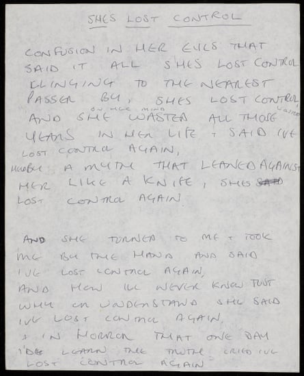 Ian Curtis’s nandwritten lyrics to She’s Lost Control, c1979