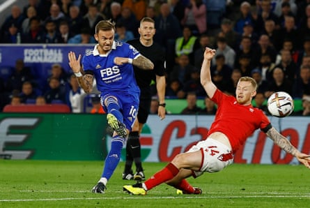 James Maddison scores Leicester’s first goal in the one-sided win