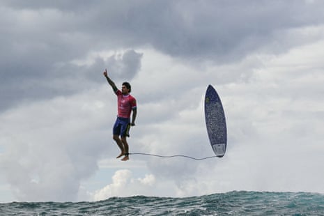 Brazil’s Gabriel Medina reacts after scoring 9.9 in round three during the men’s surfing at Teahupo’o.