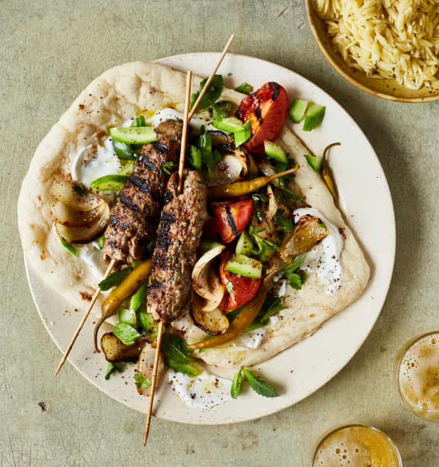 adana kebabs with grilled onion salad
