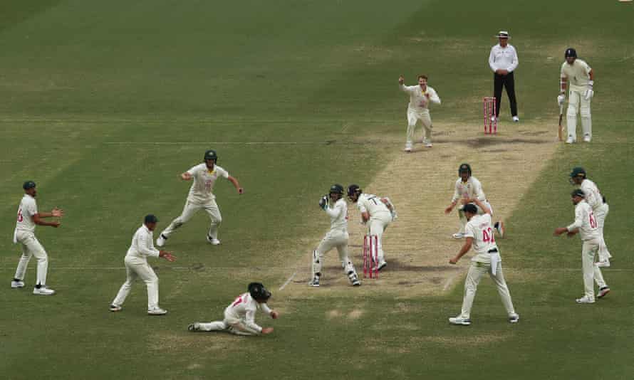 Jack Leach is caught by David Warner off Steve Smith to leave two overs for Stuart Broad and James Anderson to survive