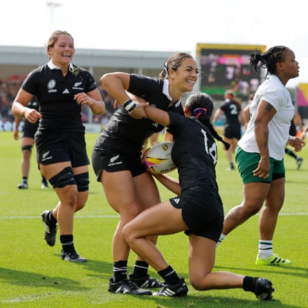 Braxton Sorensen-McGee of New Zealand is congratulated by Stacey Waaka after scoring a try during the Women’s Rugby World Cup 2025 quarter-final match against South Africa.