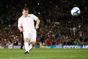 Ricky Hatton of England takes a penalty during the shootout in the 2010 Unicef Soccer Aid charity match.