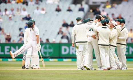 Sarel Erwee rues his misfortune as Australia celebrate.