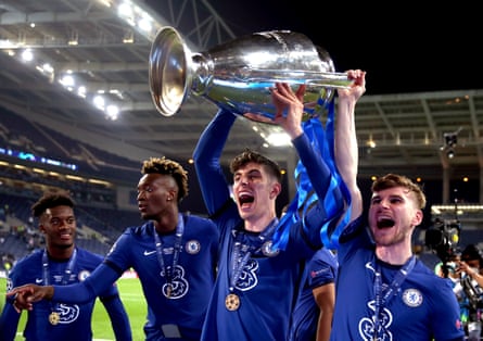 Chelsea’s Kai Havertz and teammates with the Champions League trophy after beating Manchester City in the 2021 final